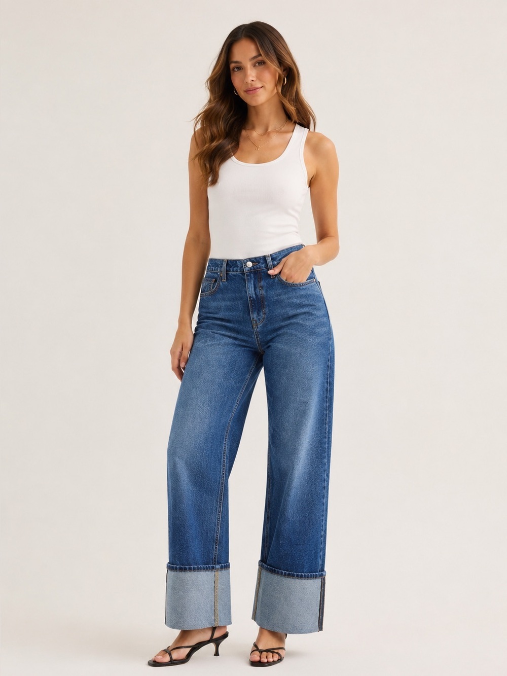 High-Rise Wide-Leg Cuffed Jeans Y2K‎ Size 0 Dark Wash NWT Western Cowgirl
